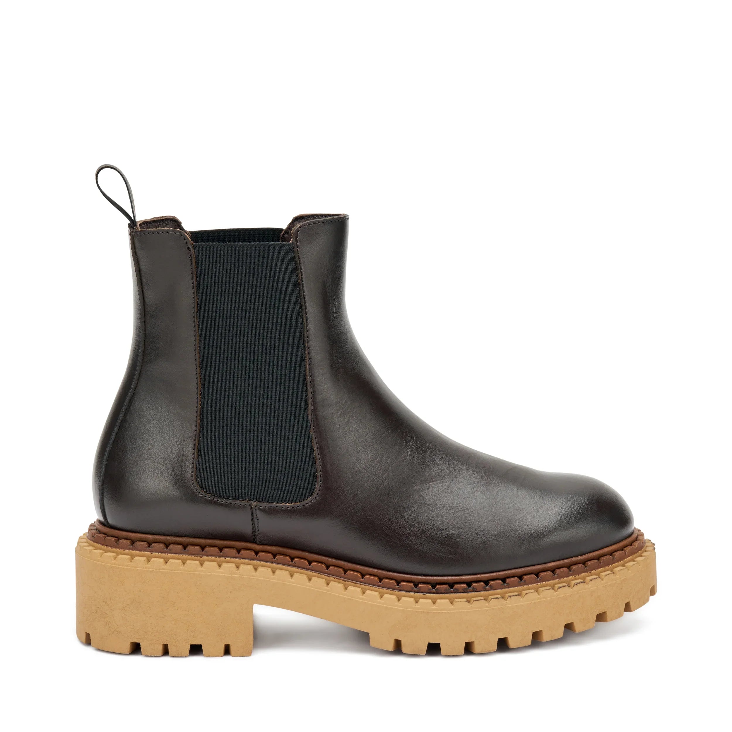 Stivaletto Chelsea donna marrone in pelle con suola carrarmato beige, moda autunno inverno
