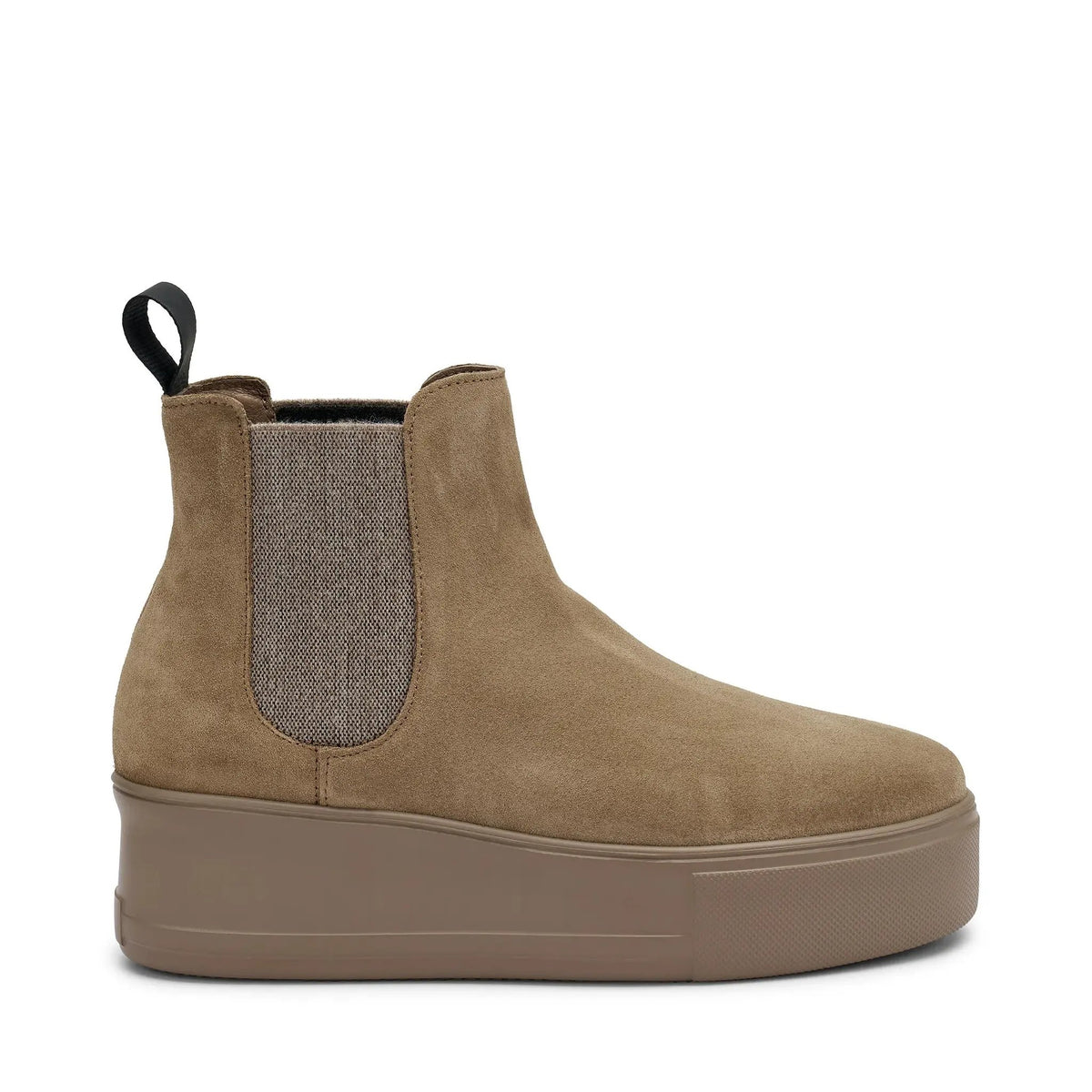 Stivaletto donna beige in suede con elastico laterale e suola platform marrone