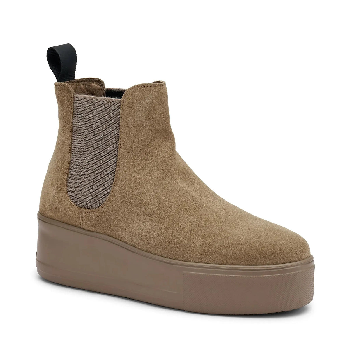 Stivaletto donna beige in camoscio con suola alta platform, stile chelsea, moda autunno inverno