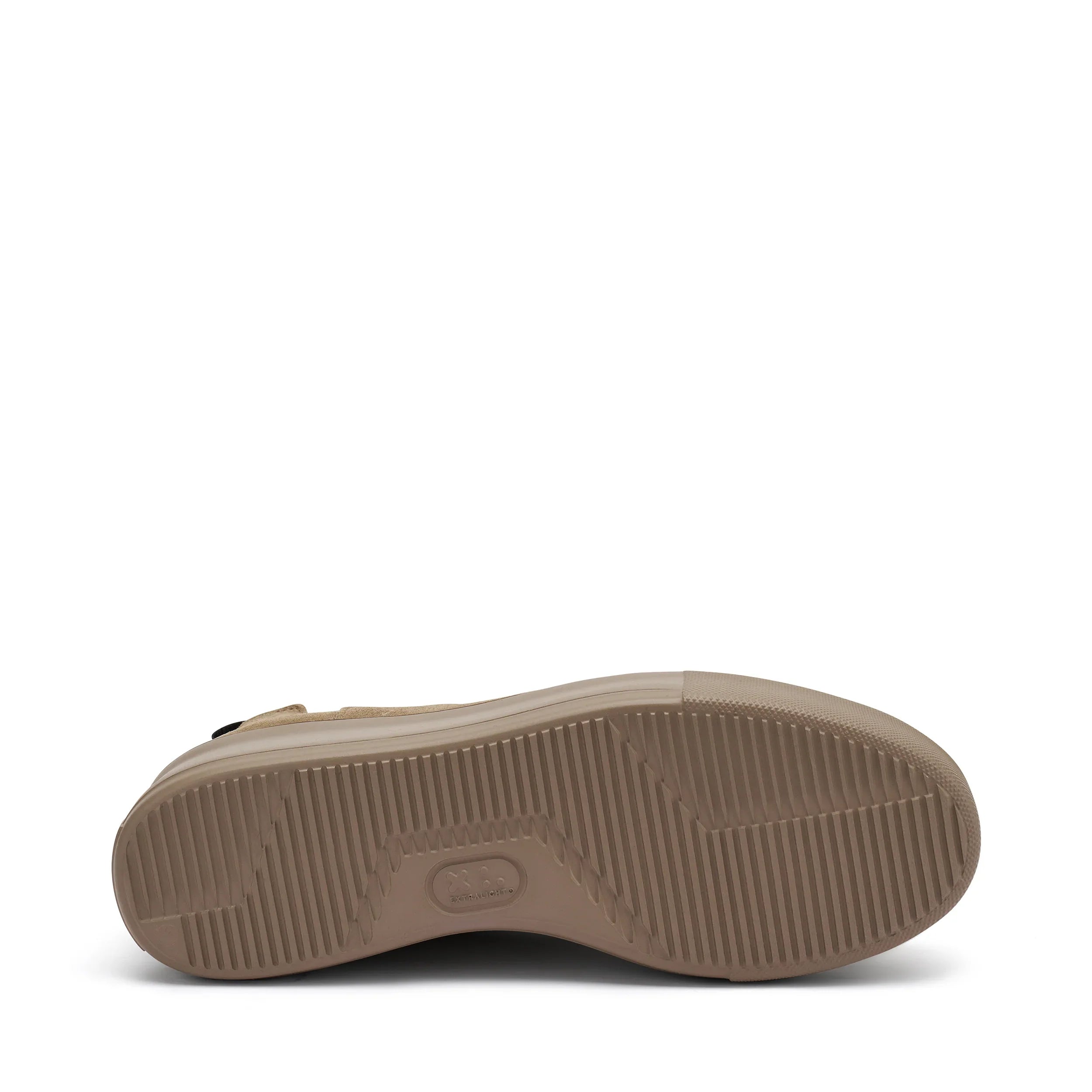 Suola scarpa donna beige in gomma, vista dal basso, calzature moda femminile
