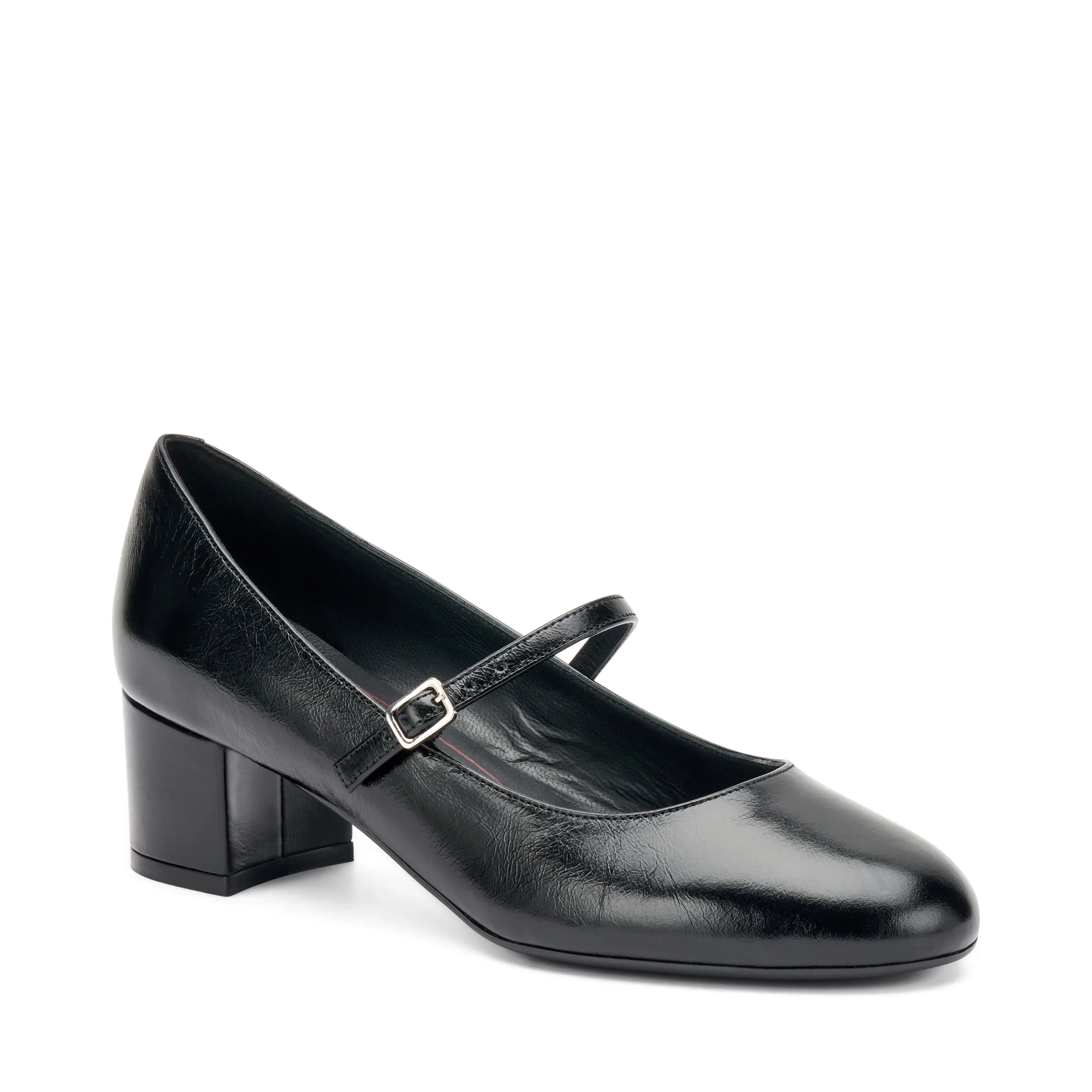 Ballerina donna nera in pelle con cinturino e tacco medio, scarpa elegante classica