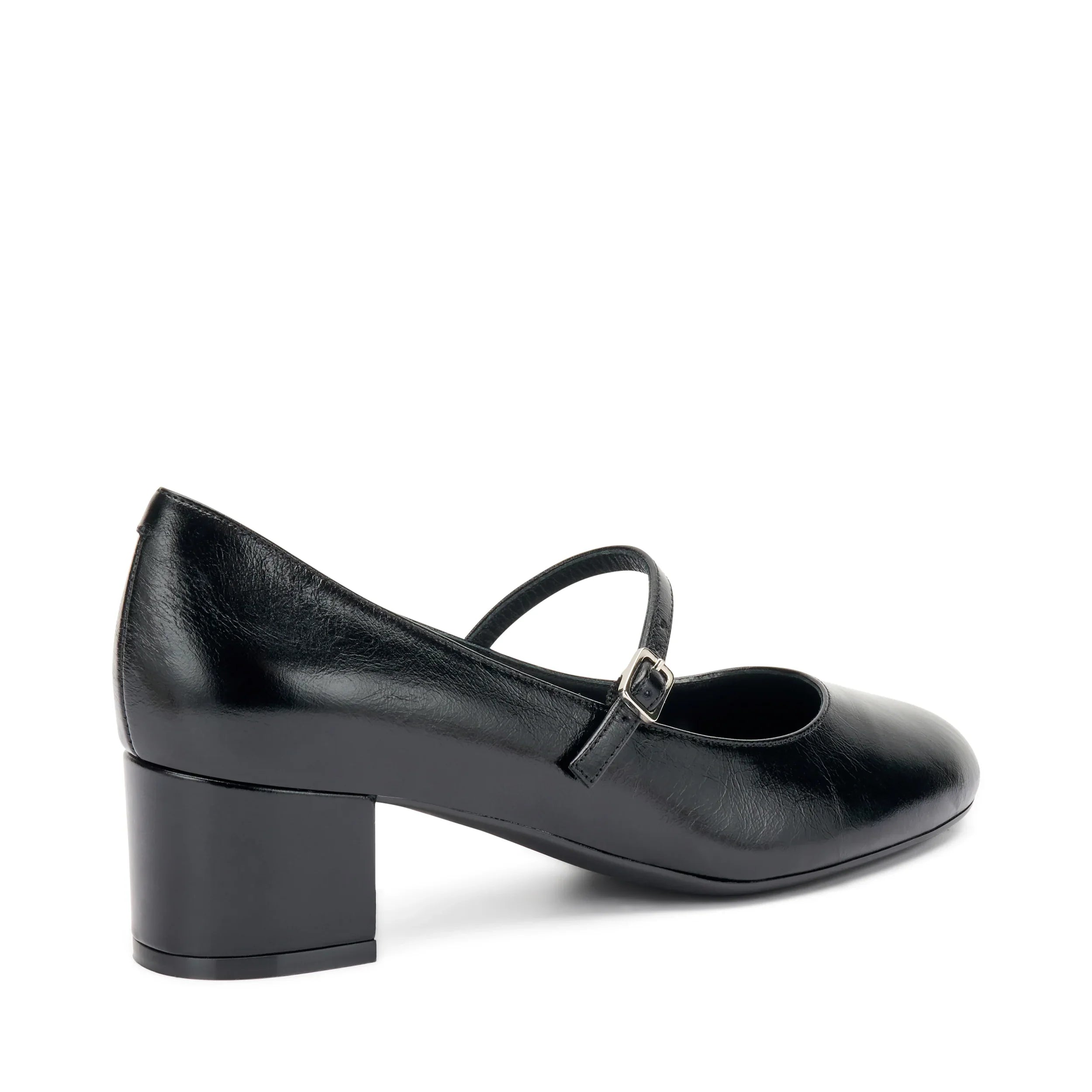 Ballerina donna nera in pelle con cinturino e tacco largo basso, moda elegante