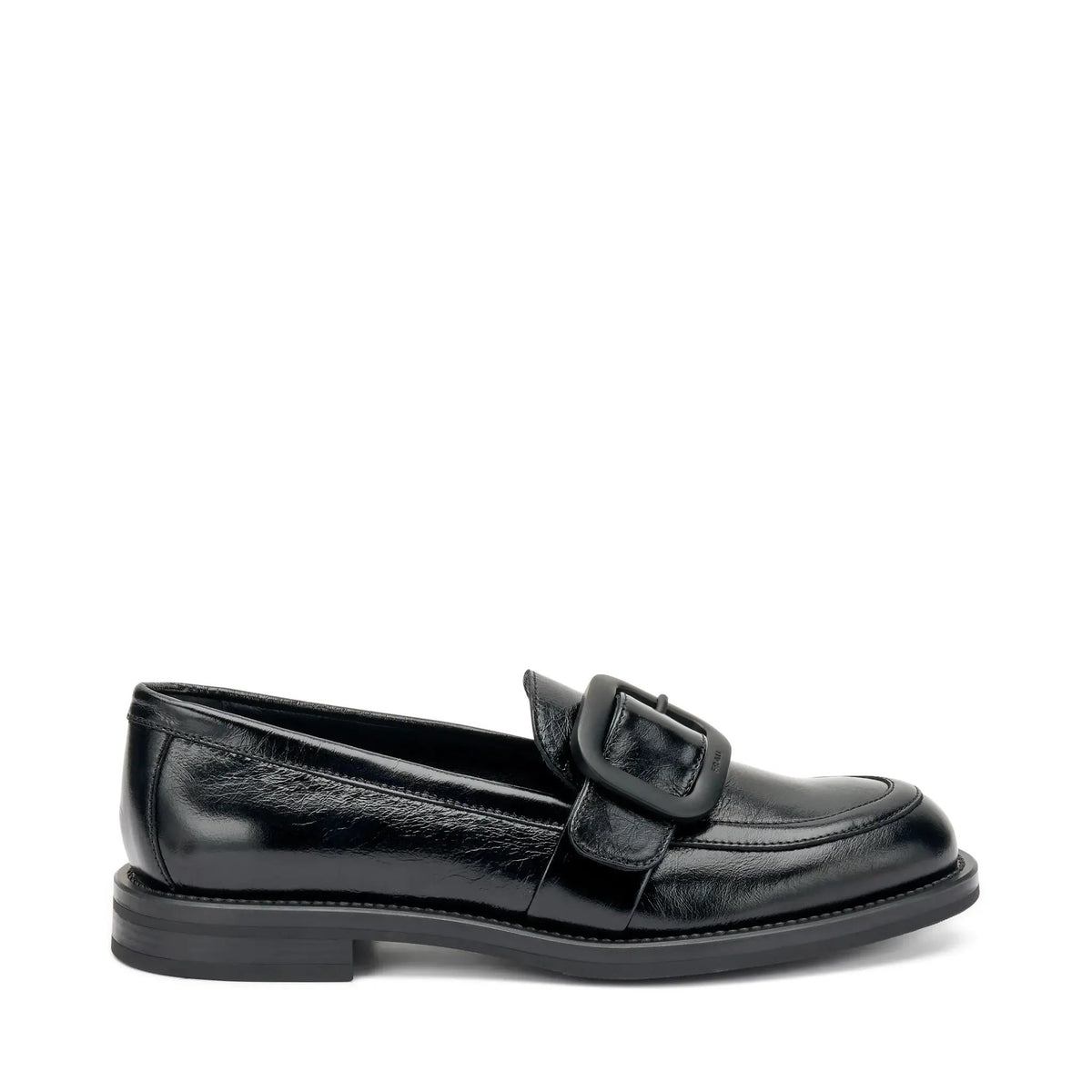 Mocassino donna in pelle nera con fibbia grande, calzatura elegante Made in Italy