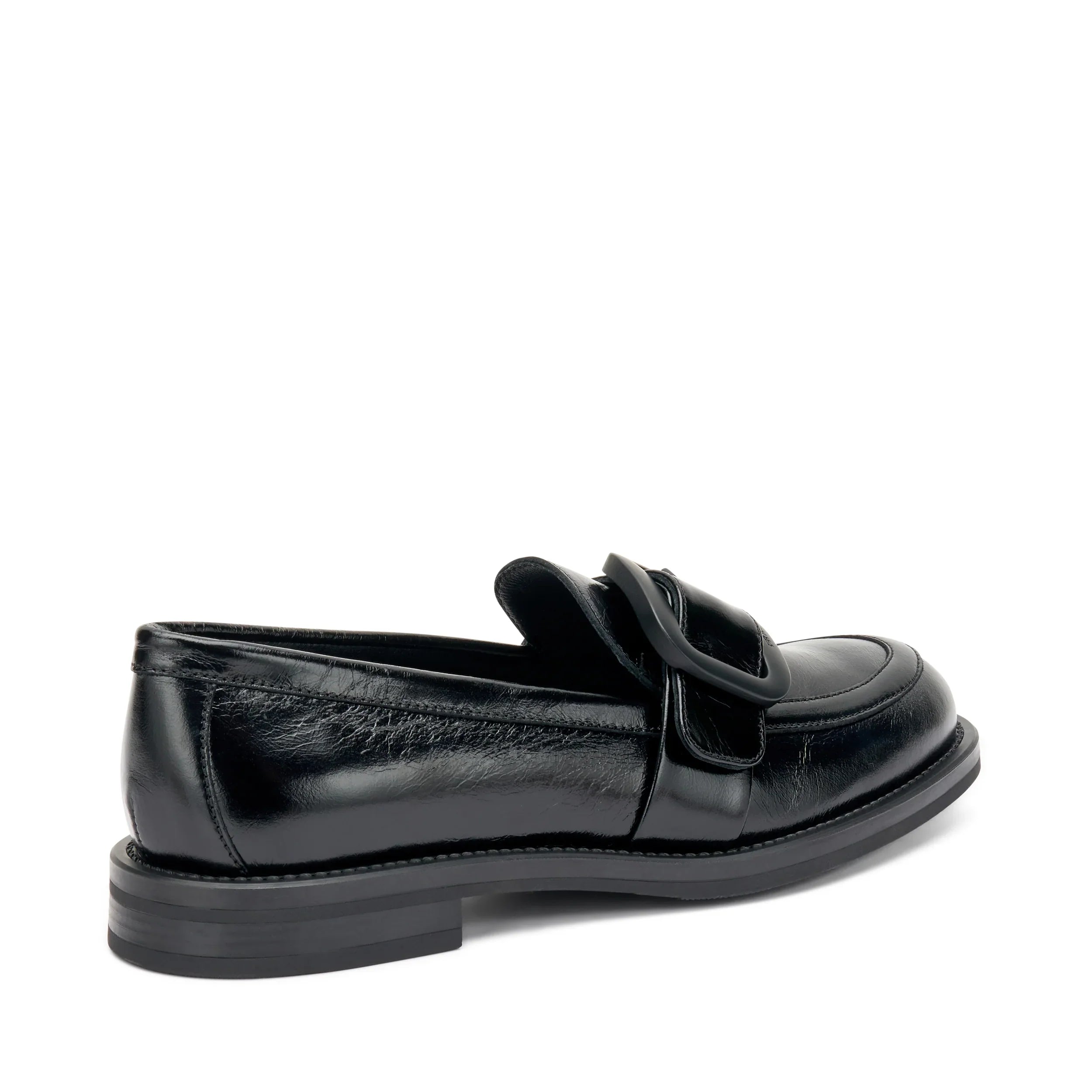 Mocassino donna nero in pelle con fibbia decorativa, fondo basso, stile elegante