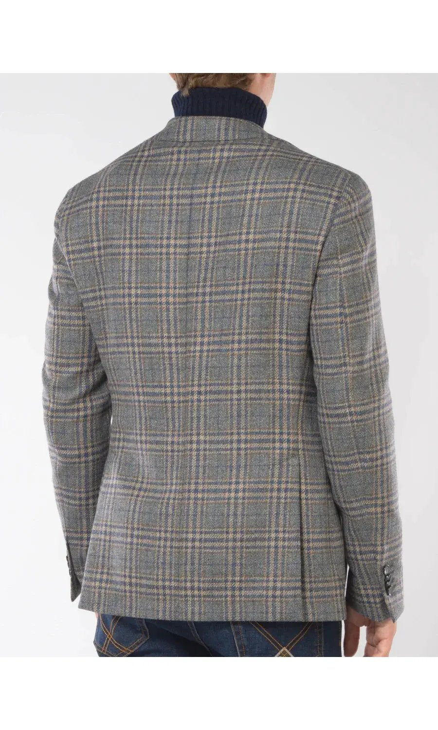 Giacca uomo a quadri grigia e beige, vista posteriore, abbigliamento elegante casual