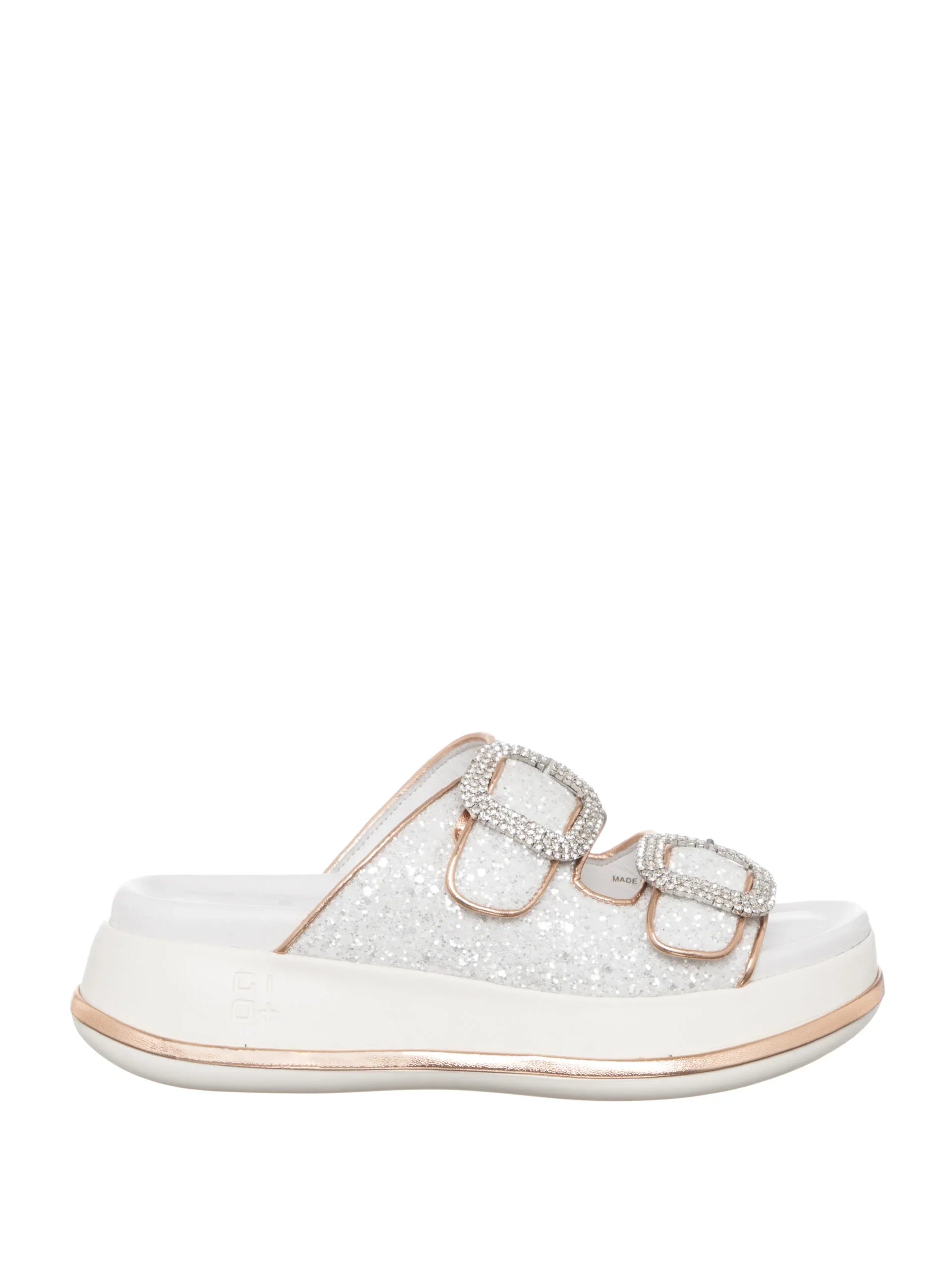 Sandalo donna glitter bianco e rosa con doppia fibbia gioiello e suola platform bianca