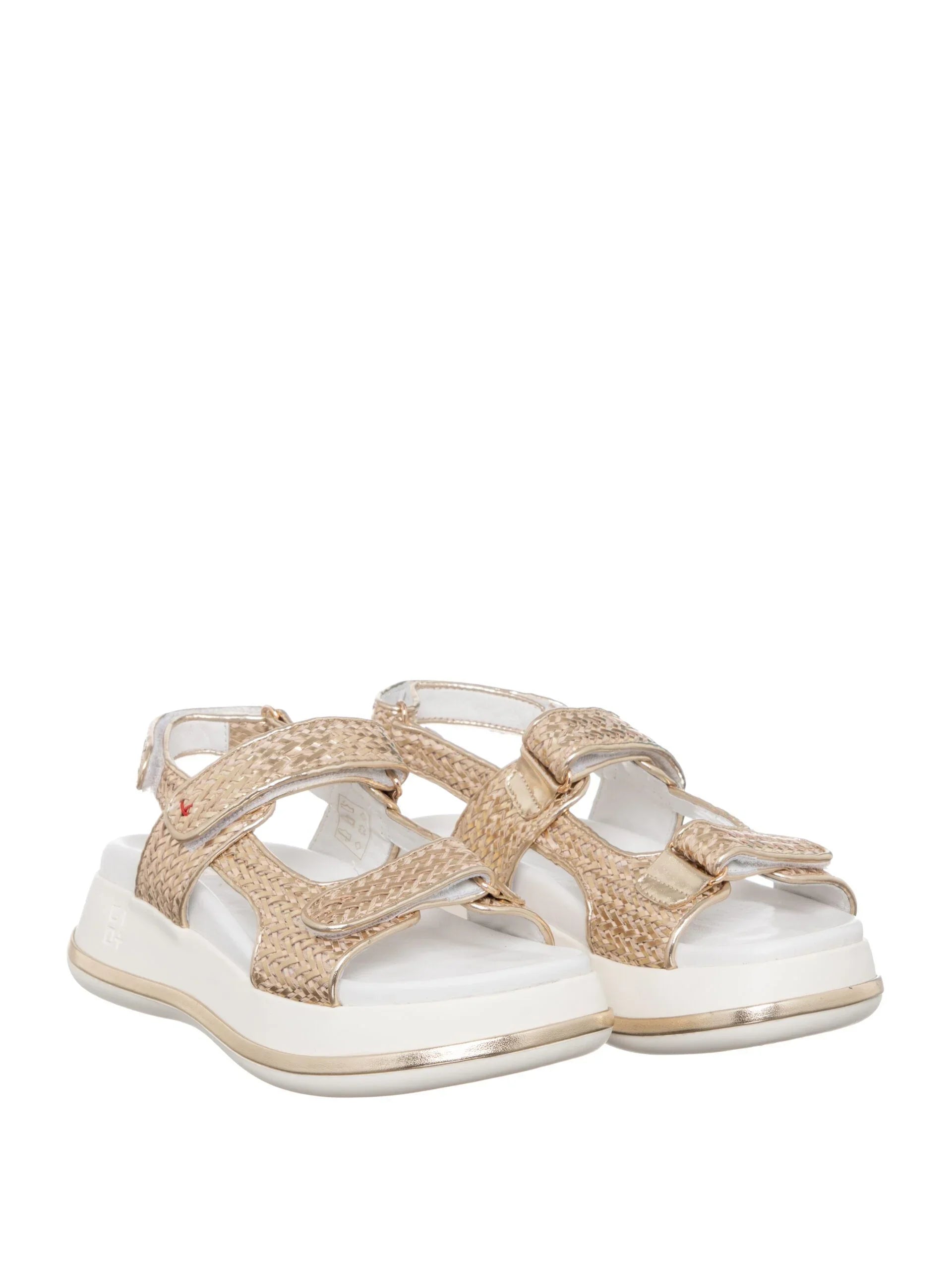 Sandali donna intrecciati platino con suola bianca, chiusura a strappo, stile casual elegante