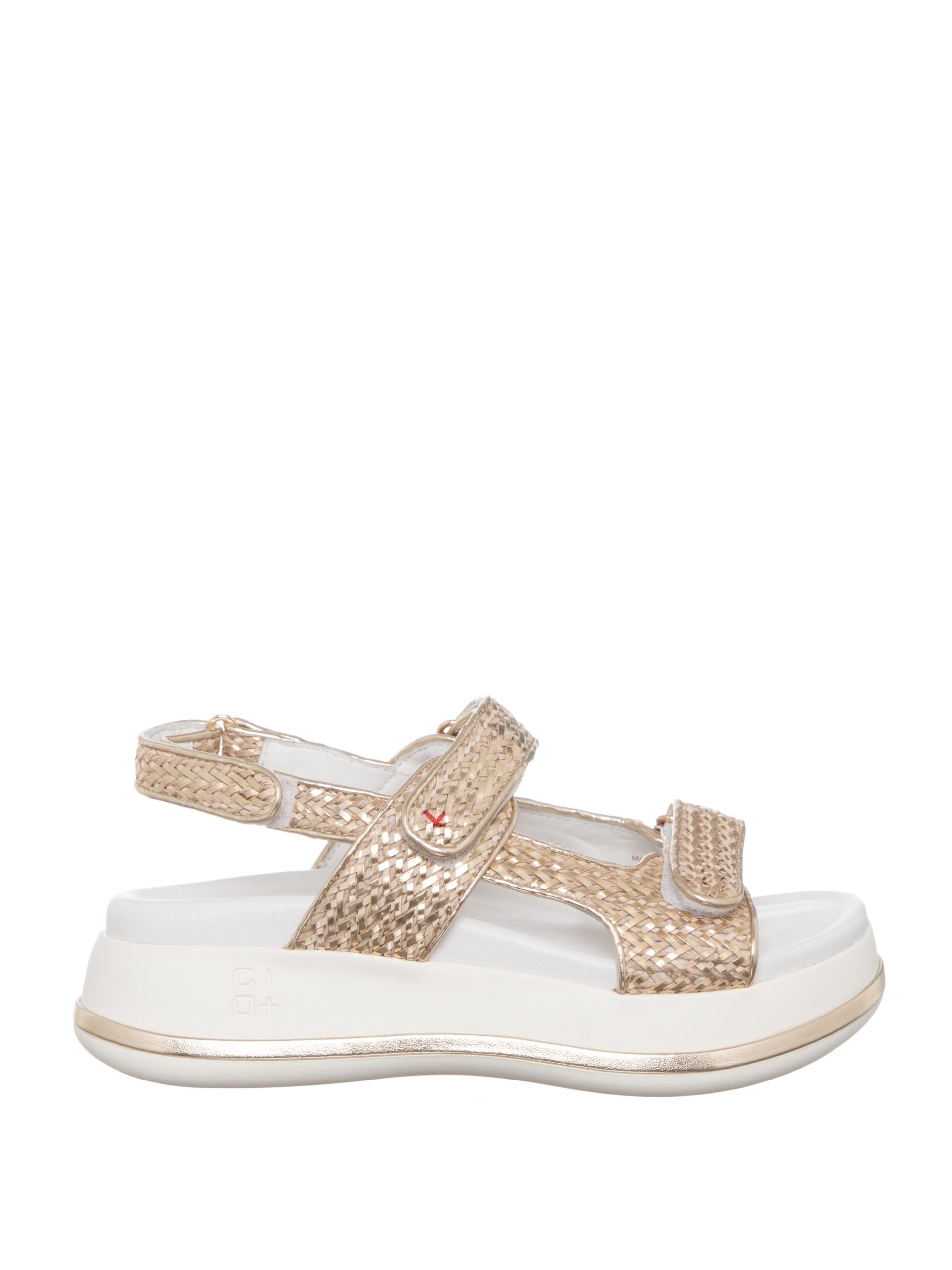 Sandalo donna platino intrecciato con doppio velcro e suola bianca, moda estiva elegante