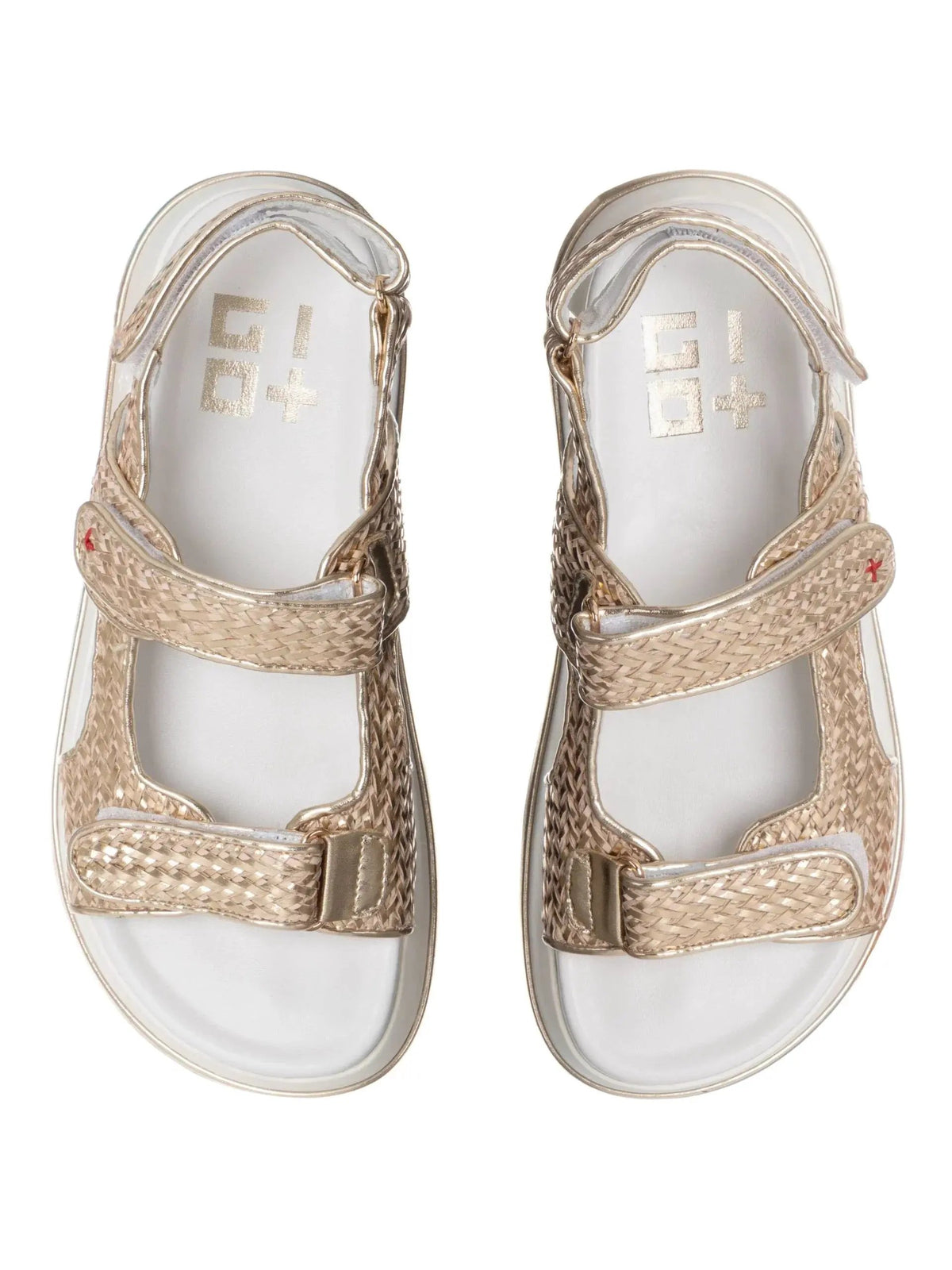 Sandali donna intreccio platino in pelle con chiusura velcro, suola bianca, vista dall'alto