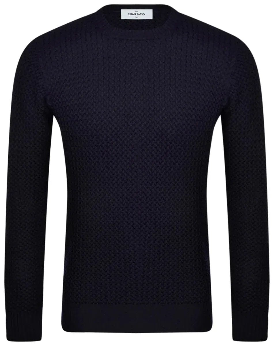Maglione uomo blu navy a girocollo lavorato a intreccio, manica lunga, stile elegante