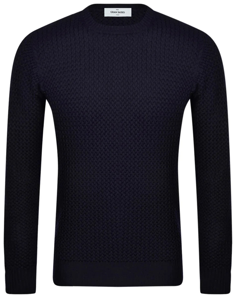 Maglione uomo blu navy a girocollo lavorato a intreccio, manica lunga, stile elegante