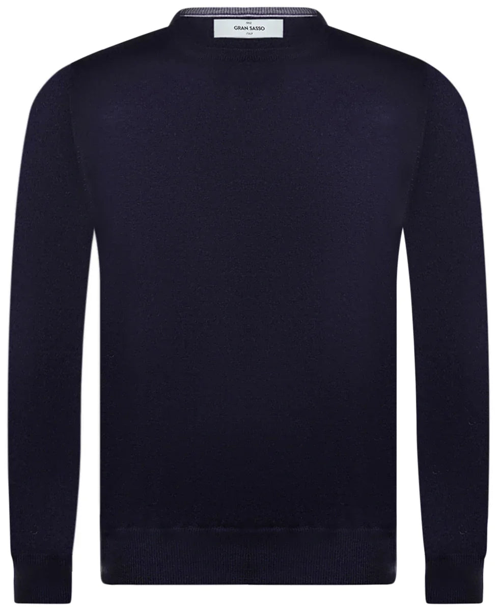 Maglione uomo blu scuro girocollo in lana merino, maniche lunghe, stile elegante.