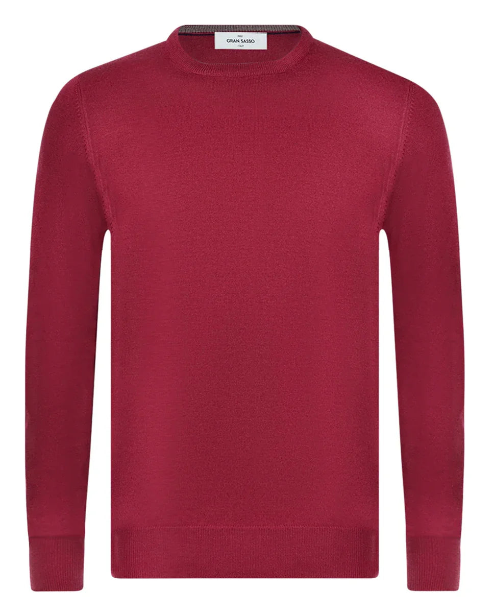 Maglione girocollo uomo in lana merino color bordeaux, maniche lunghe, stile elegante.