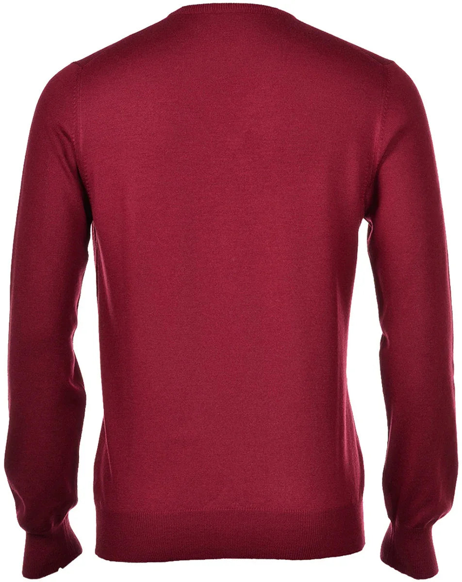 Maglione uomo girocollo in lana merino rosso, vista posteriore, stile elegante