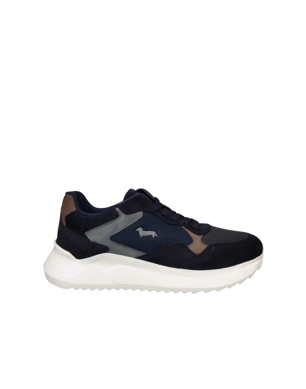 Sneaker uomo in camoscio blu e grigio con suola bianca, stile sportivo moderno
