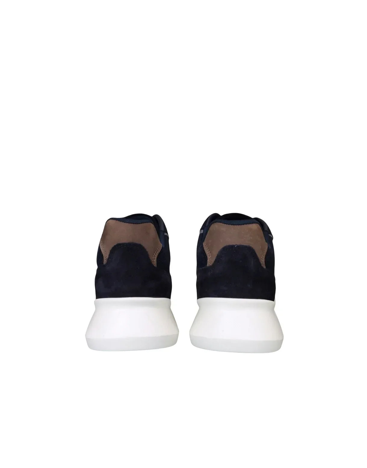 Scarpe uomo sneakers blu e grigio in camoscio con suola bianca, vista posteriore