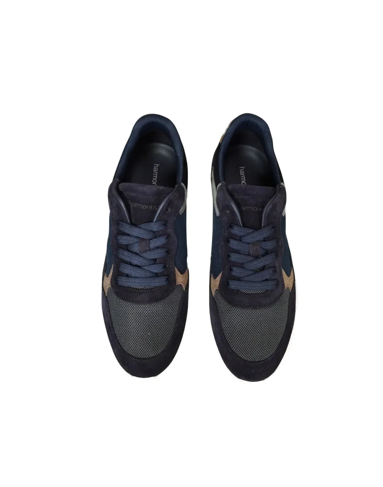 Sneakers uomo blu e grigie in camoscio e tessuto, vista dall'alto, moda casual