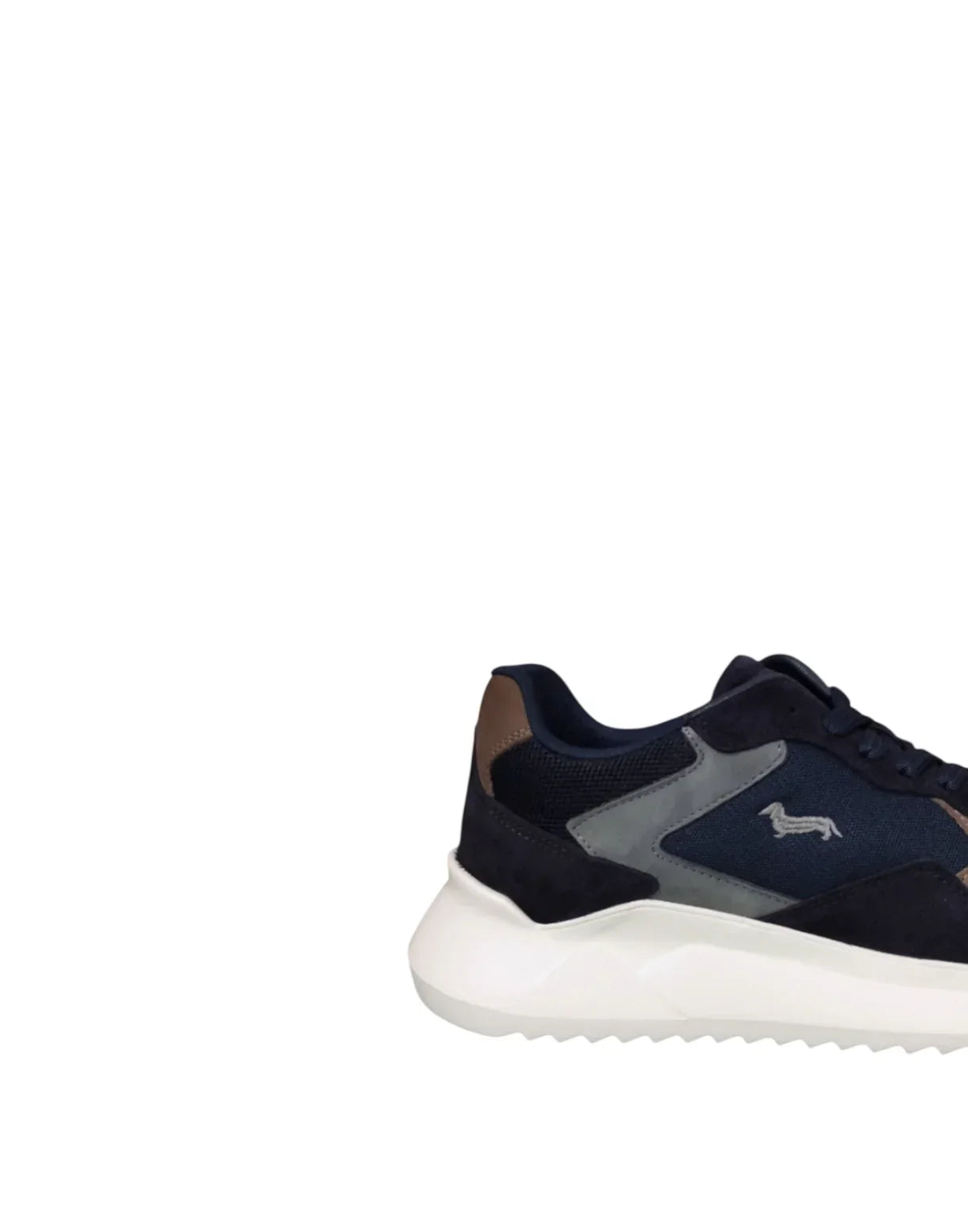 Sneaker uomo blu e grigia in camoscio e tessuto con suola bianca, stile casual