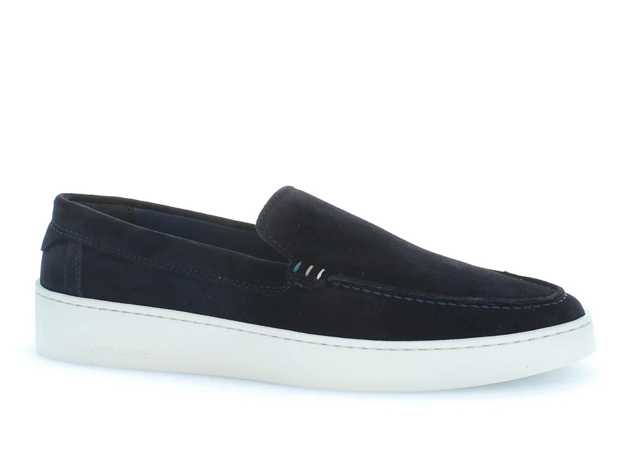 Mocassino uomo in camoscio blu con suola bianca, stile elegante casual