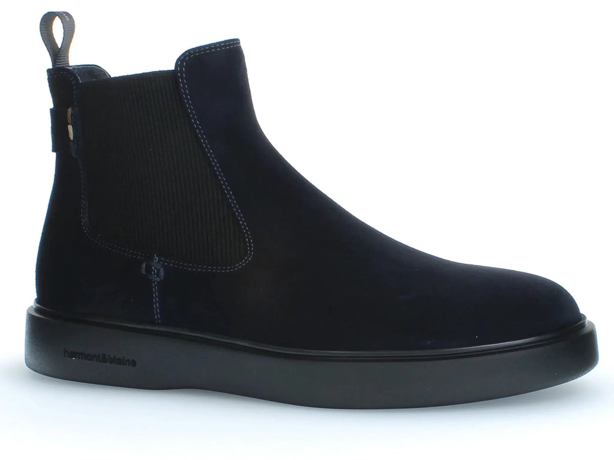 Stivaletto uomo in camoscio blu con elastico laterale e suola nera piatta