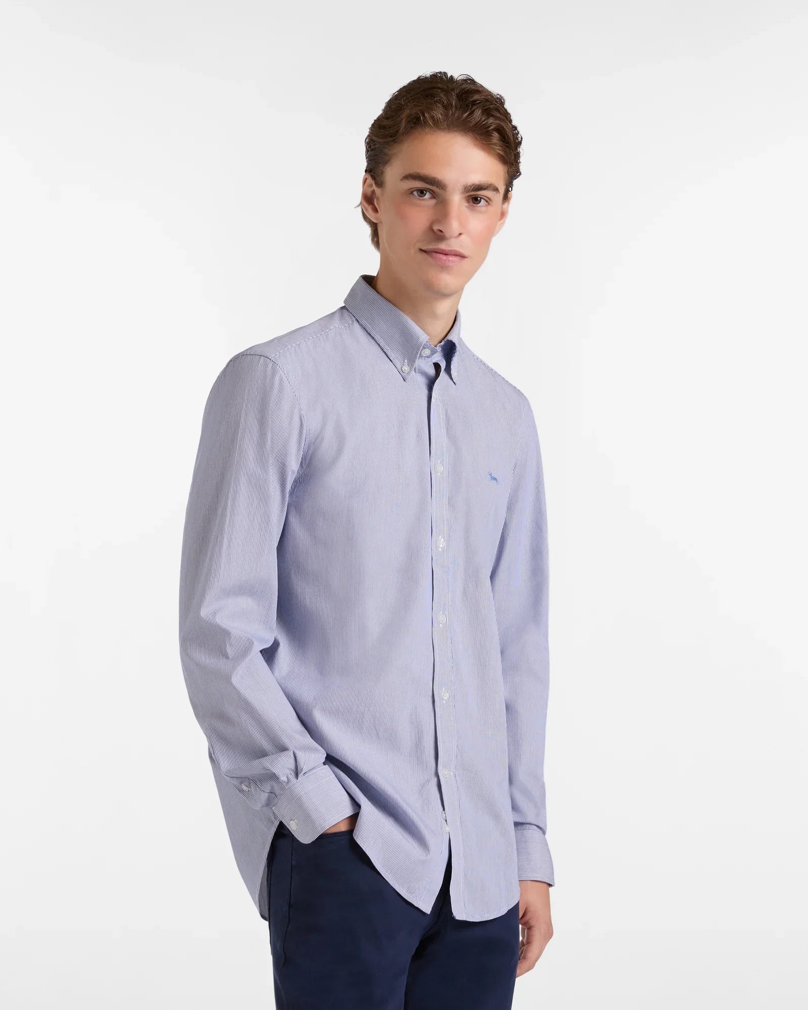 Camicia uomo azzurra a righe sottili, maniche lunghe, stile elegante, sfondo bianco.