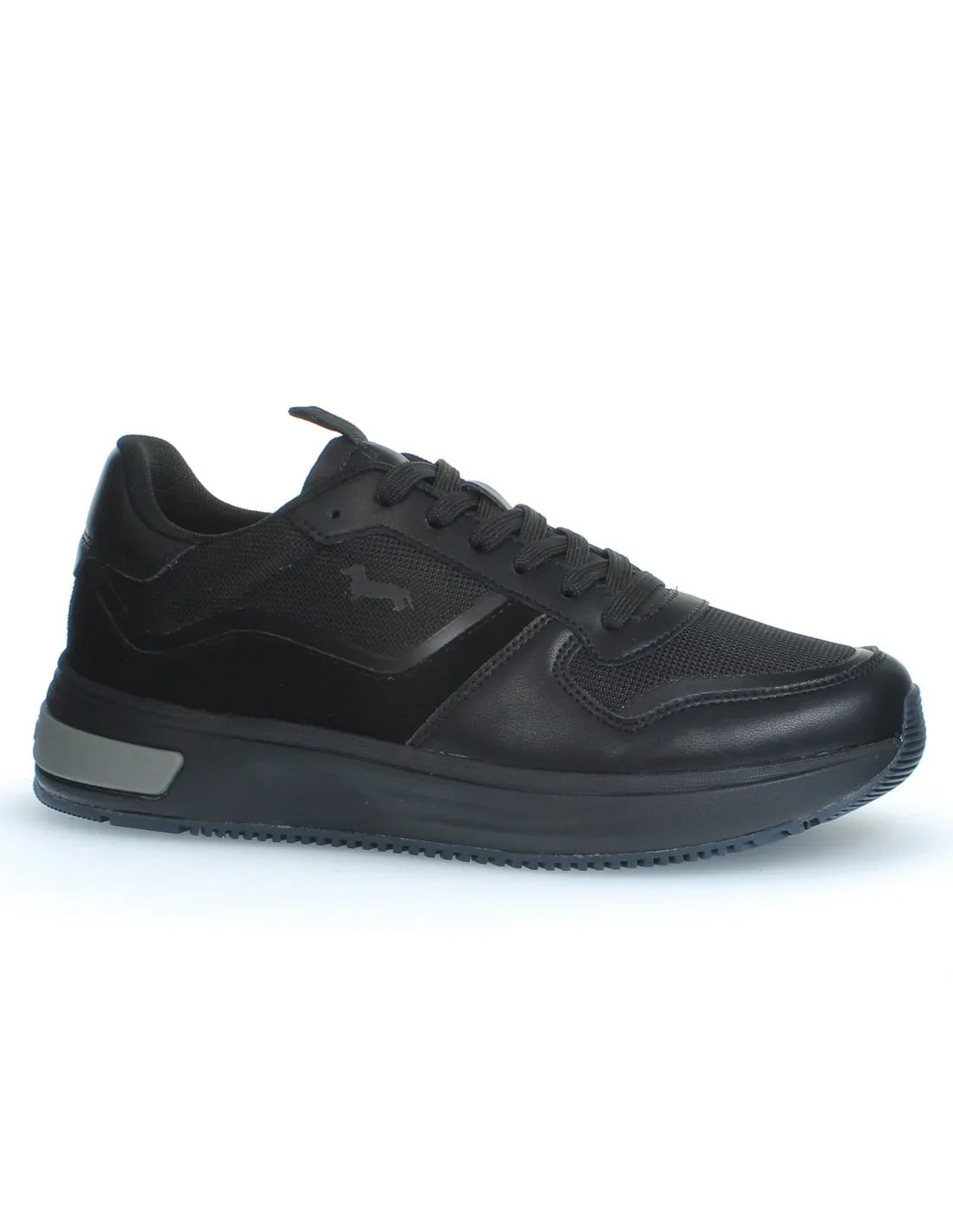 Sneaker uomo nera in pelle e tessuto con suola sportiva, dettaglio logo laterale
