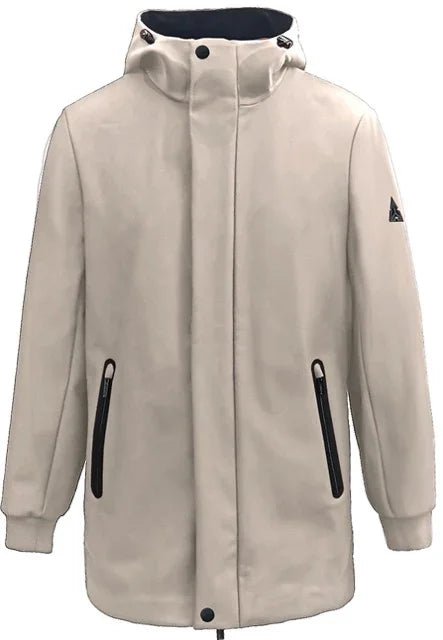 Giubbotto beige da uomo con cappuccio, zip nere e polsini elasticizzati, stile moderno.