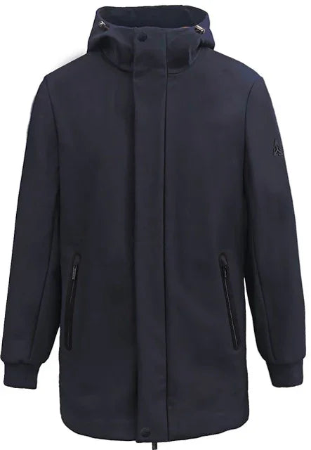 Giubbotto blu da uomo con cappuccio, zip frontali e polsini elasticizzati, stile casual