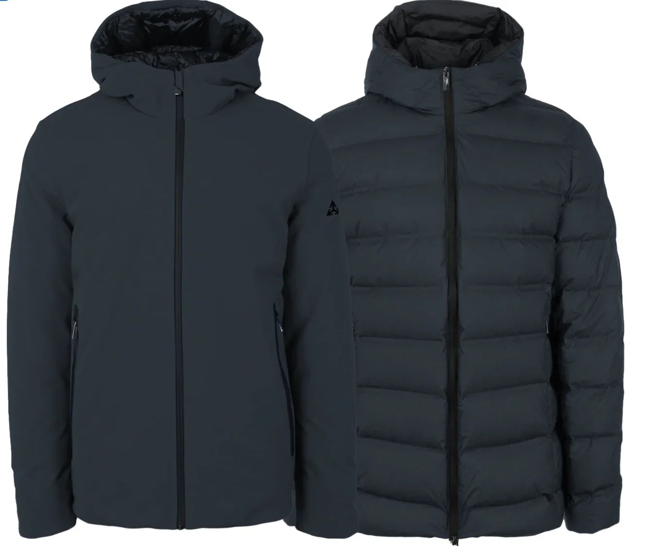 Giacca uomo reversibile blu scuro con cappuccio, lato liscio e lato piumino trapuntato.