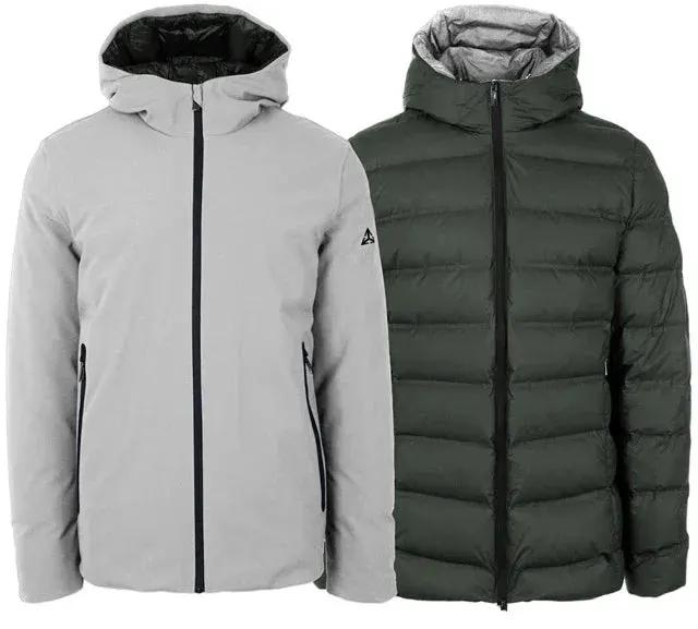 Giubbotto uomo reversibile con cappuccio, un lato liscio grigio chiaro, uno verde imbottito