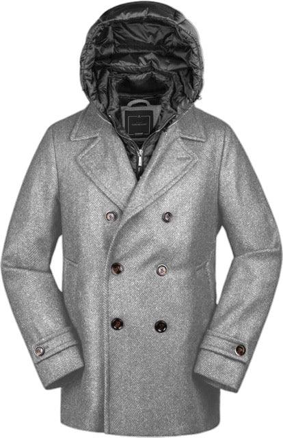 Cappotto uomo grigio melange con cappuccio, doppio petto e bottoni, stile elegante.