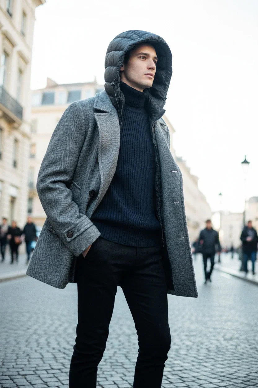 Uomo con cappotto grigio melange e cappuccio nero, look elegante streetwear invernale