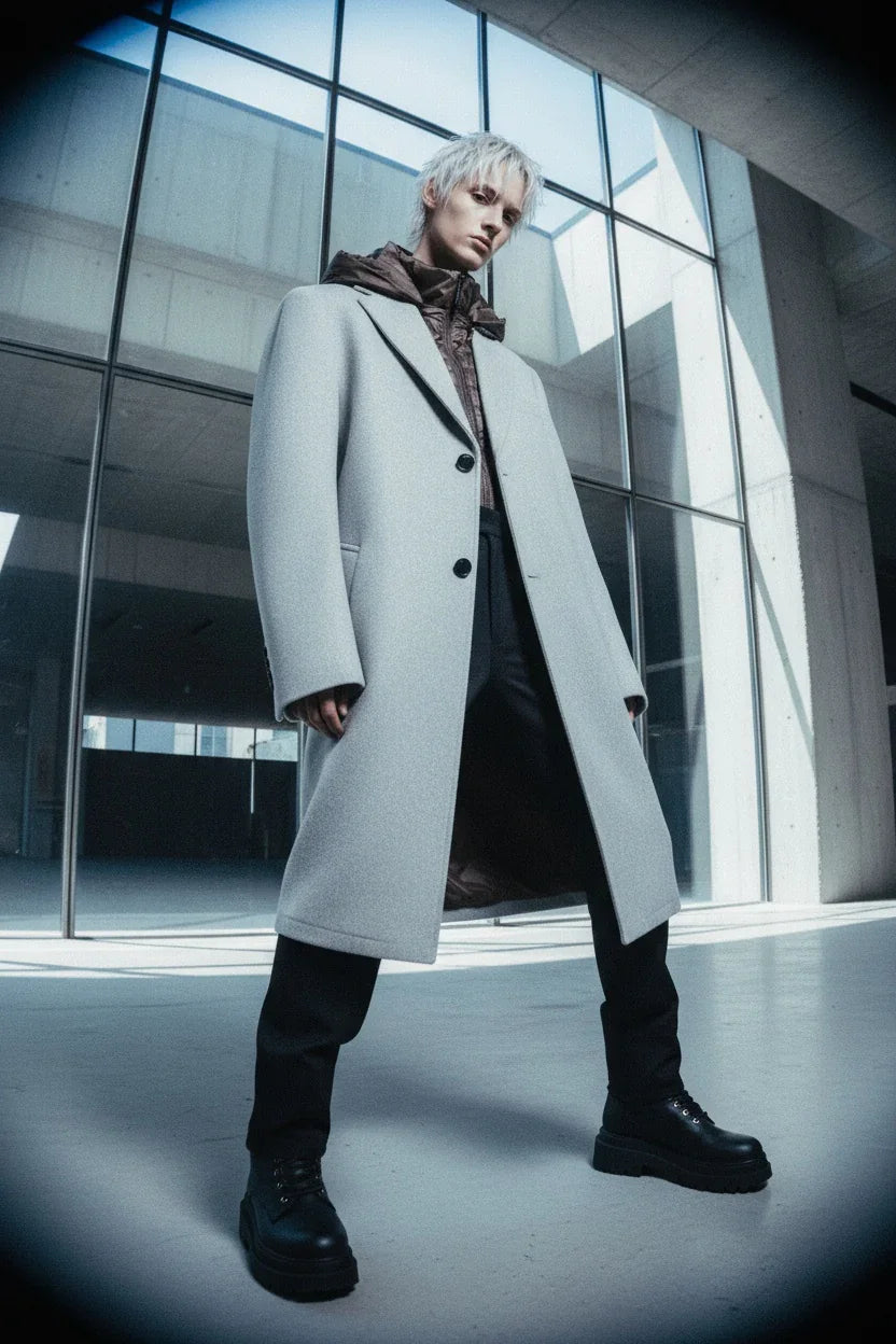 Modello indossa cappotto grigio melange elegante su pantaloni neri e stivaletti, ambientazione moderna.