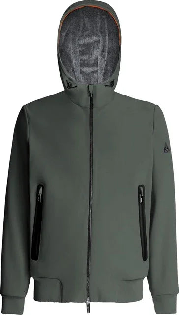 Giubbotto uomo verde militare con cappuccio, zip frontale e tasche, stile casual.