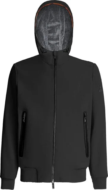 Giubbotto nero da uomo con cappuccio, zip frontale e tasche laterali, stile casual