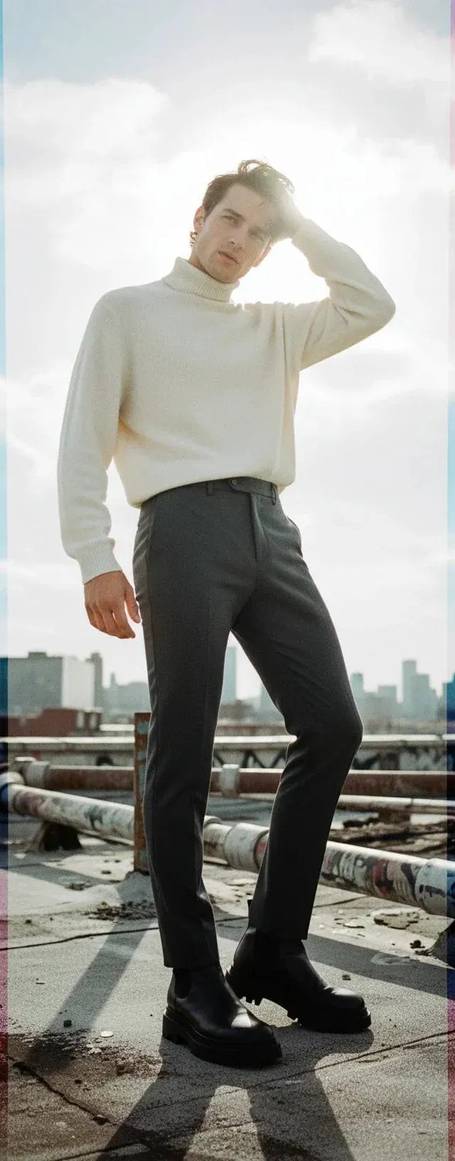 Uomo indossa pantaloni tecnici stretch neri e maglione chiaro su un tetto urbano
