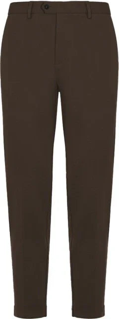 Pantaloni uomo marroni, modello slim fit, tessuto tecnico stretch, eleganti.