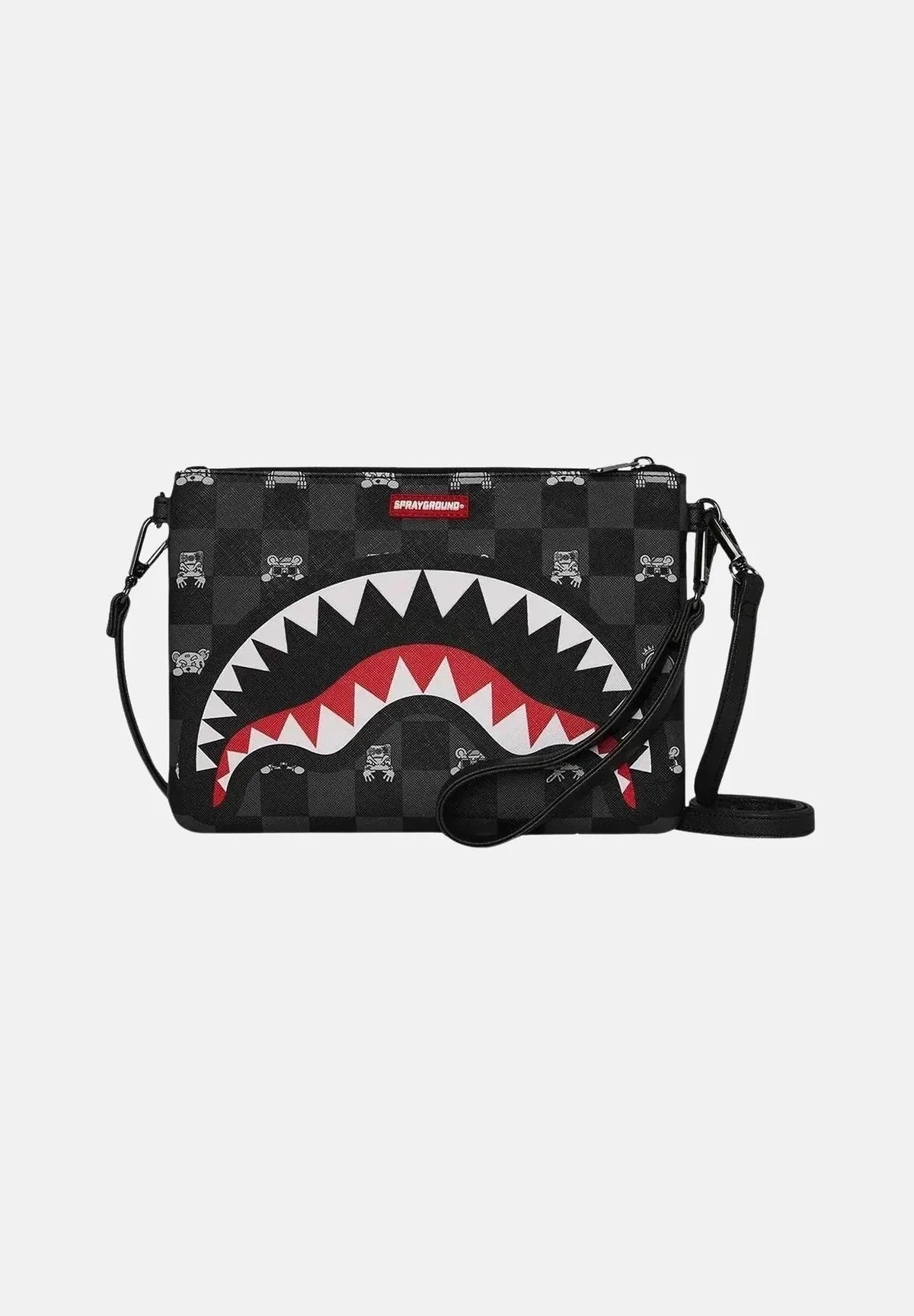 Borsa a tracolla nera con motivo a quadri, stampa bocca di squalo e logo Sprayground