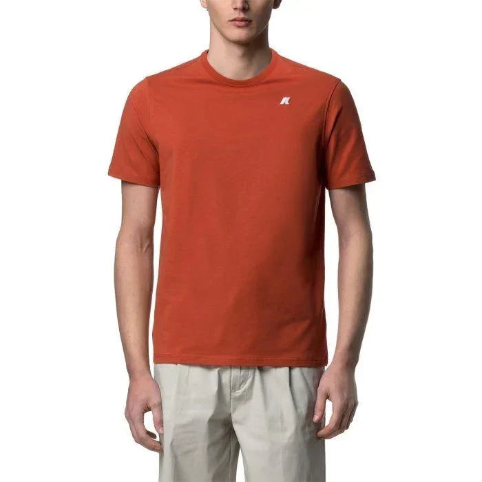 T-shirt uomo arancione a maniche corte con logo piccolo, abbigliamento casual elegante