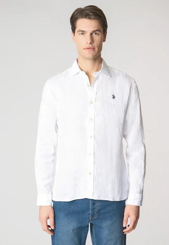 Camicia uomo lino bianca maniche lunghe con logo ricamato, abbigliamento casual elegante