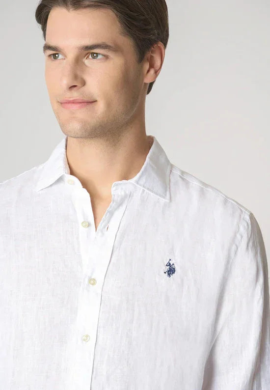 Camicia uomo lino bianca elegante con logo ricamato sul petto, abbigliamento moda uomo