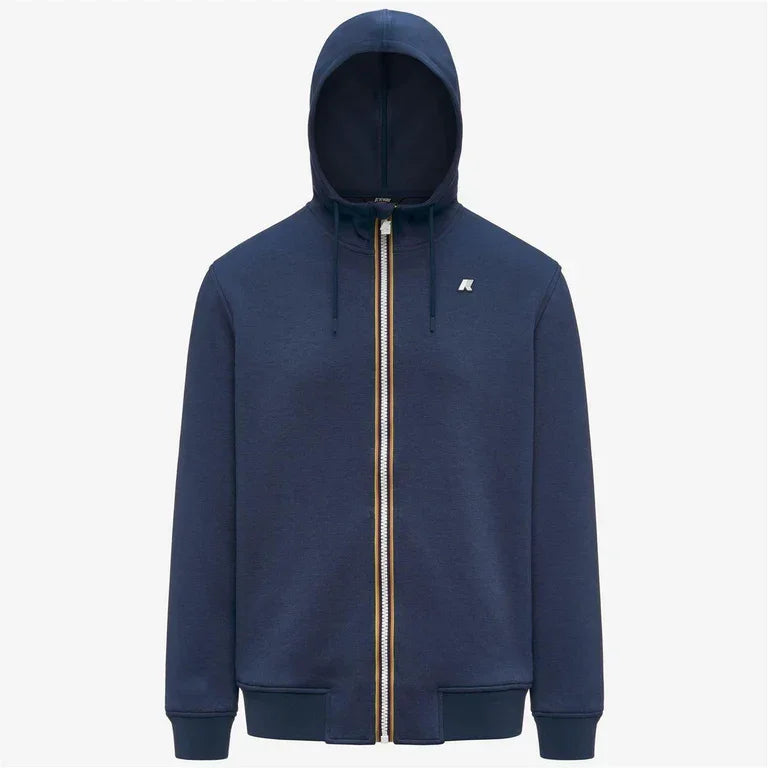 Felpa uomo blu con cappuccio e zip intera, stile casual, abbigliamento moda uomo.