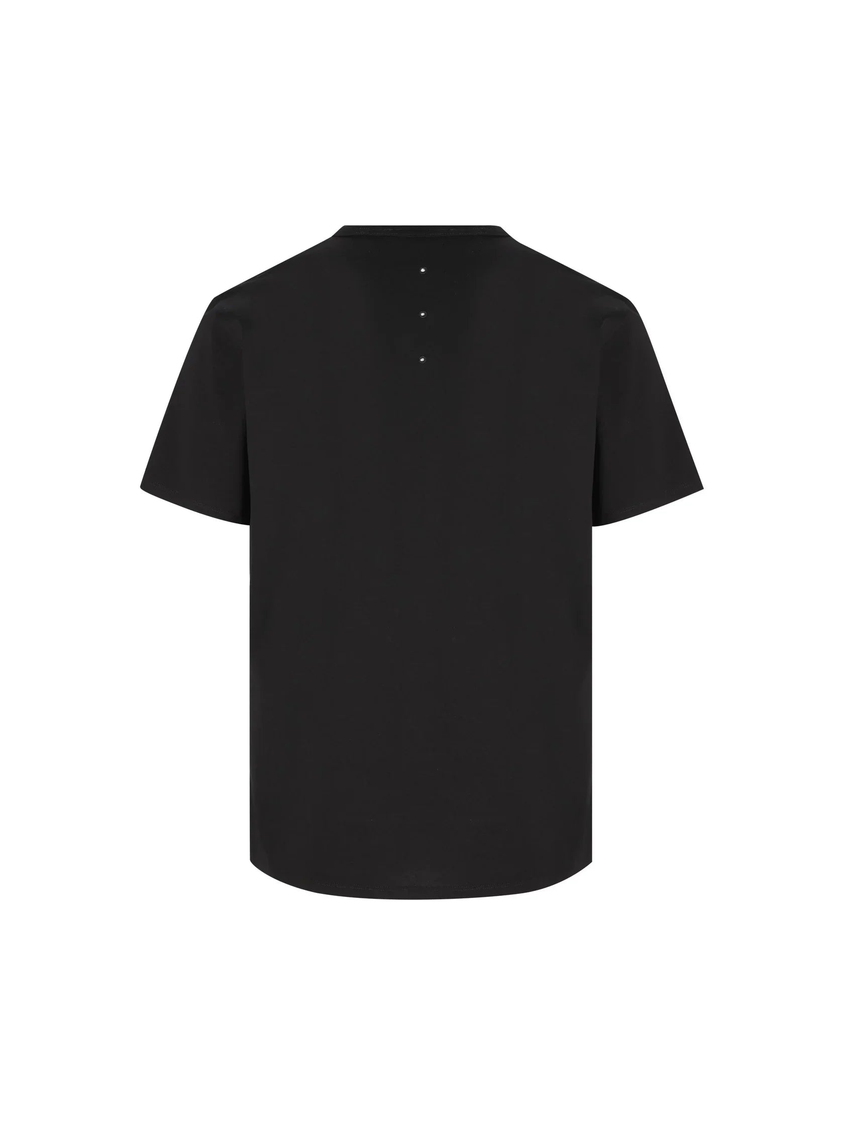 T-shirt nera uomo, manica corta, retro semplice con tre piccoli dettagli bianchi sotto il collo