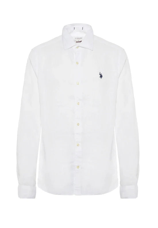 Camicia uomo bianca manica lunga in lino con bottoni e logo ricamato, stile elegante.
