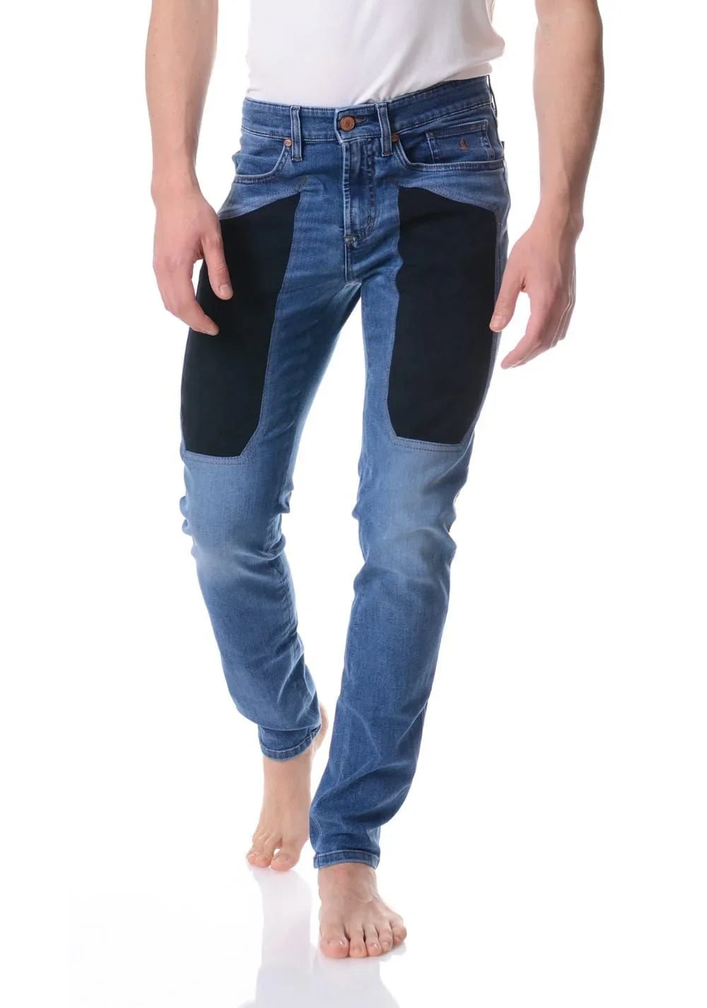 Jeans uomo denim blu con pannelli in alcantara nera, vestibilità slim