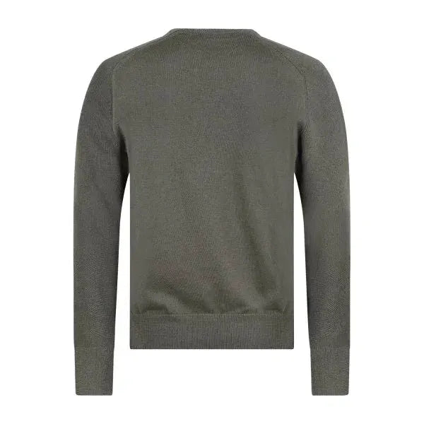 Maglione verde uomo in lana vergine, girocollo, lavorazione a coste, visto da dietro