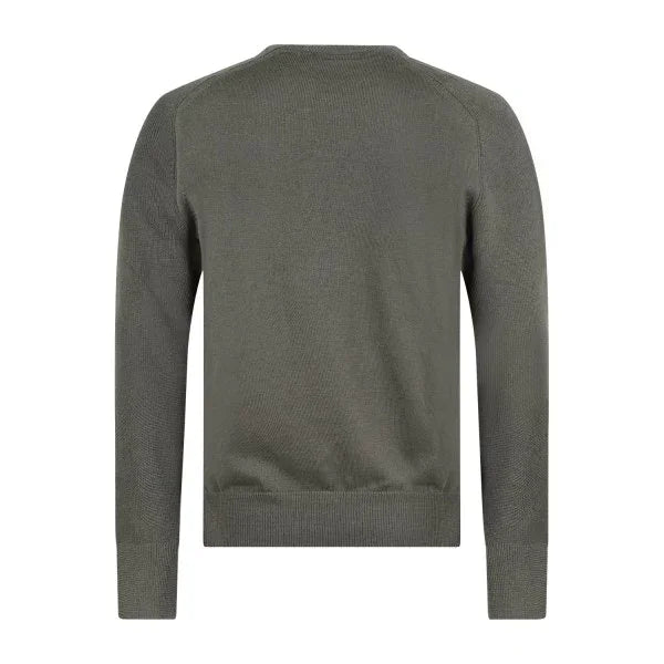 Maglione verde uomo in lana vergine, girocollo, lavorazione a coste, visto da dietro
