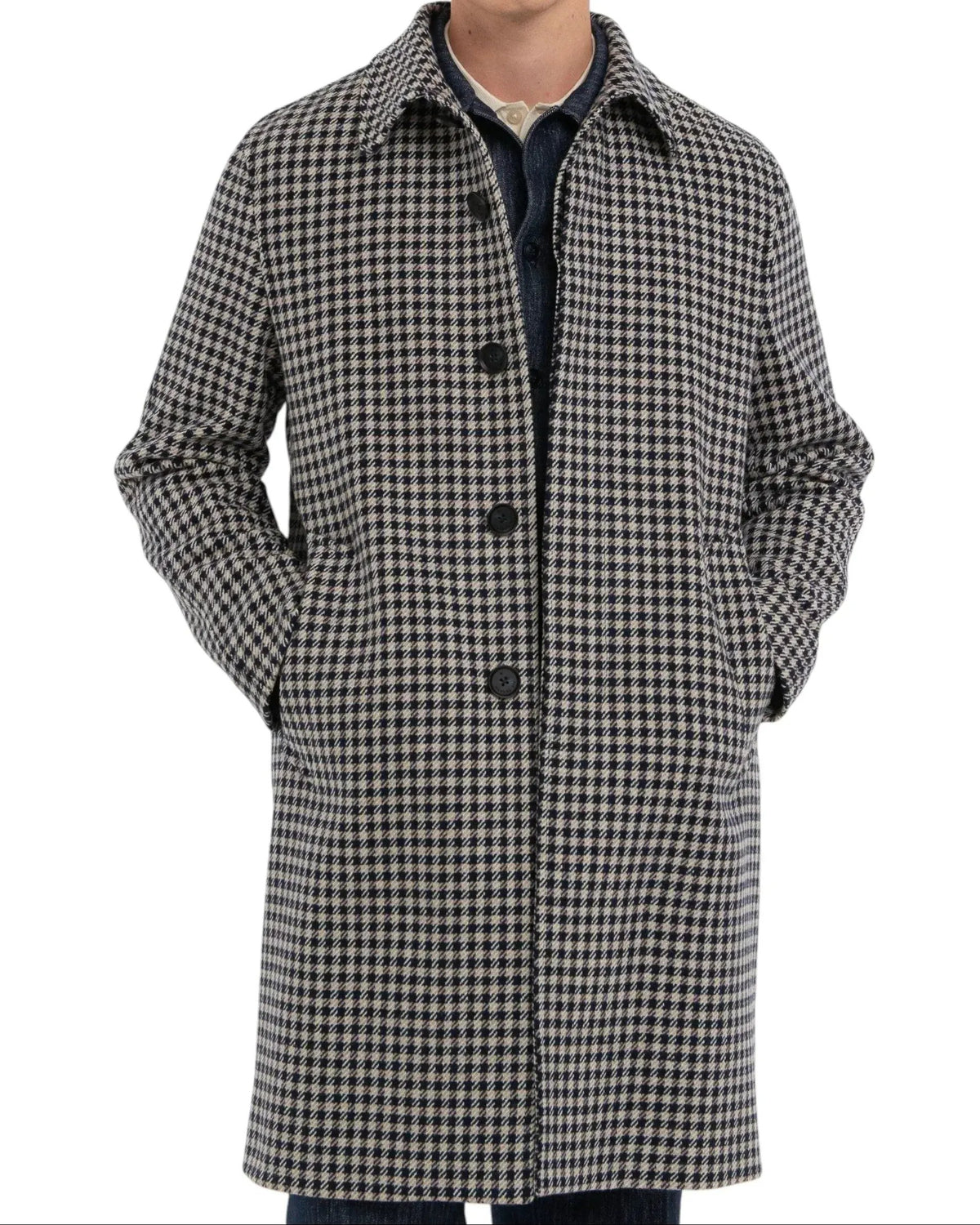 Cappotto uomo pied-de-poule blu e beige, bottoni neri, stile elegante autunno inverno