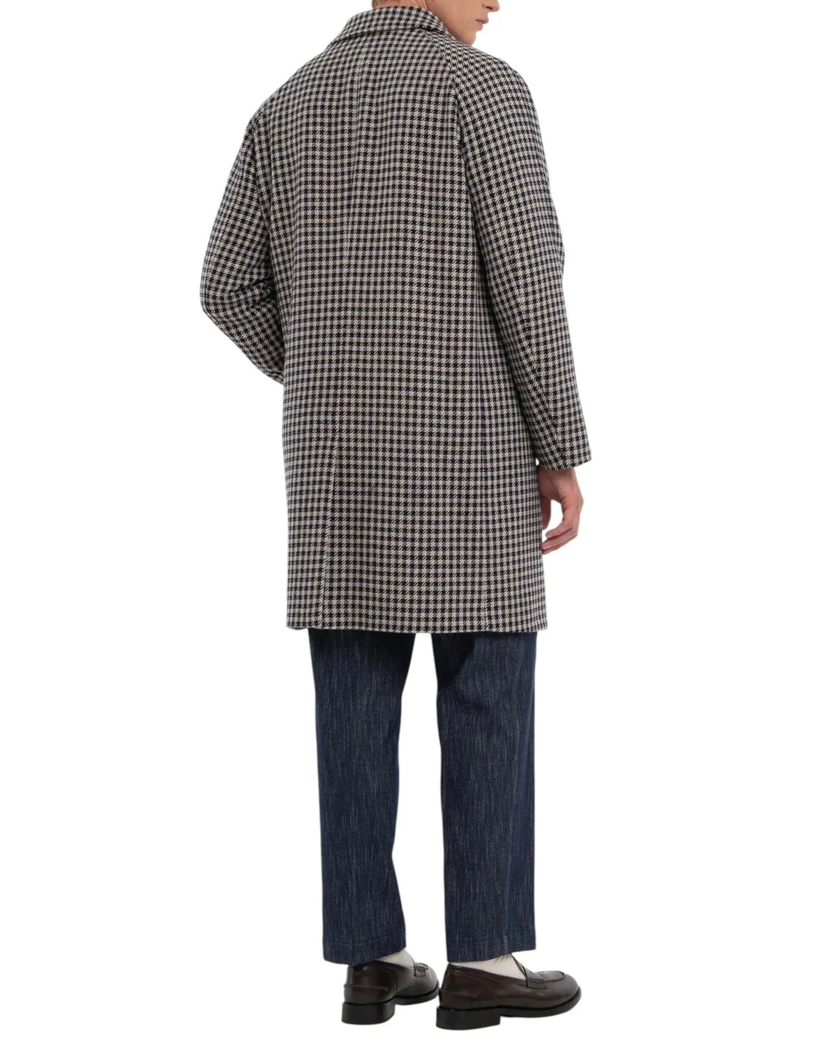 Cappotto uomo pied de poule blu beige, vista posteriore, stile elegante e moderno.