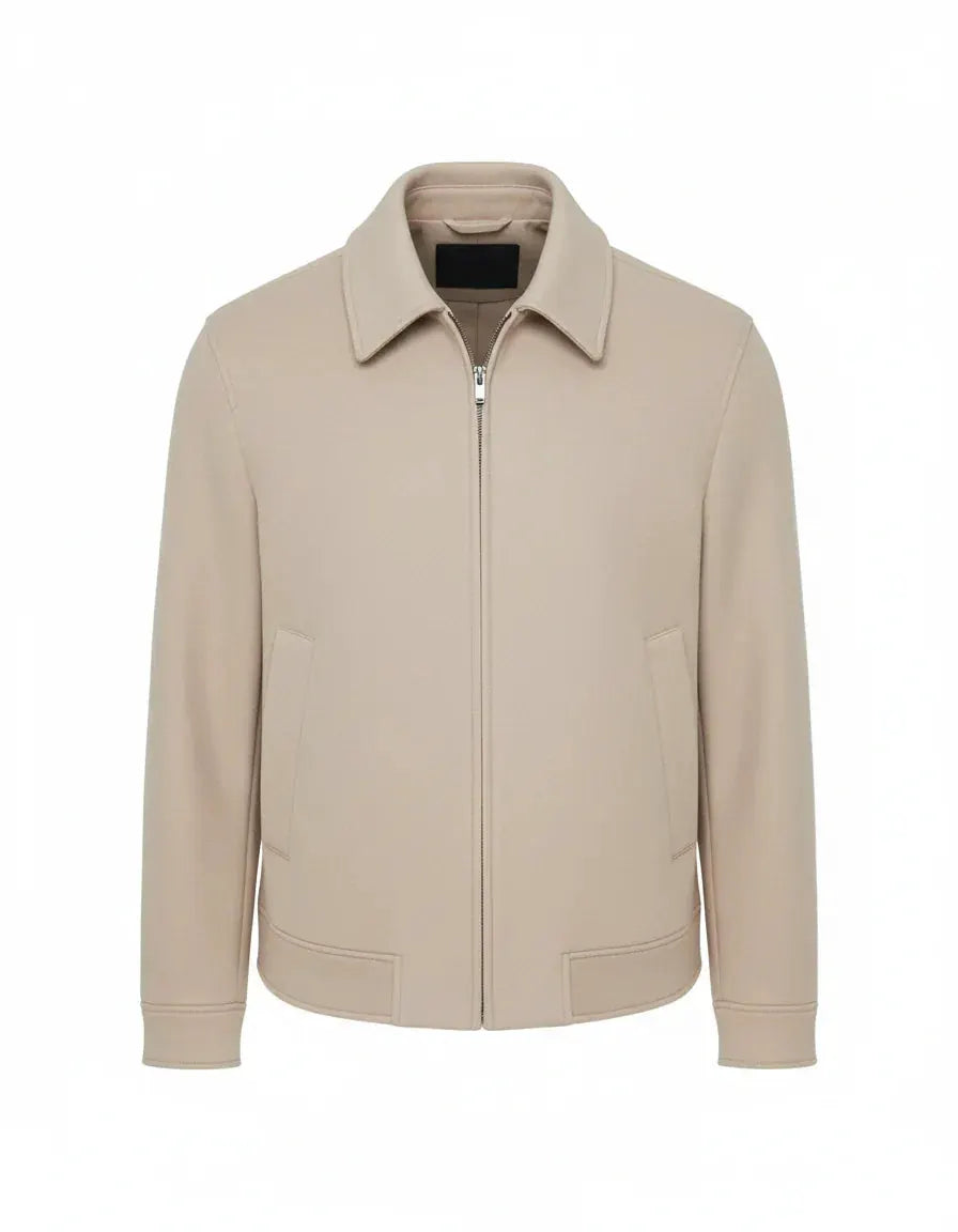 Giubbotto uomo beige in panno, zip frontale, tasche laterali, stile elegante e moderno